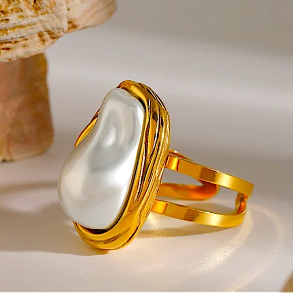 Irregular Pearl Rings Gold Baroque Statement Ring Adjustable Chunky Wedding - Picture 12 of 14